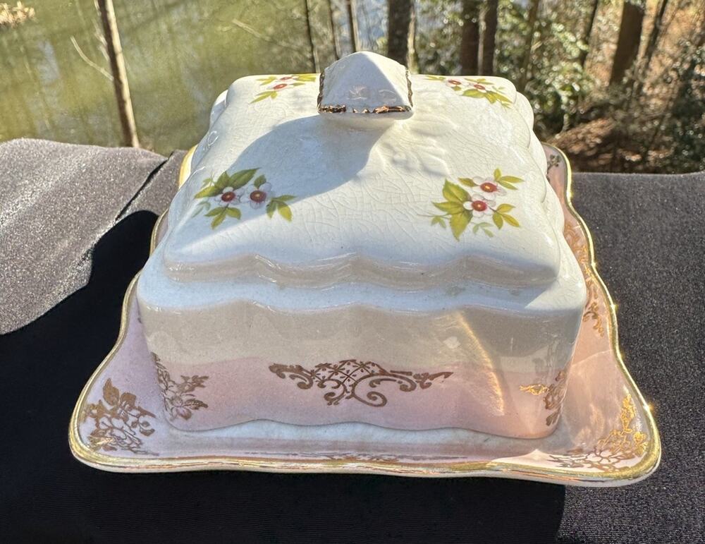 Old Foley James Kent Covered CHEESE or BUTTER DISH Floral w/ Gold Trim Square